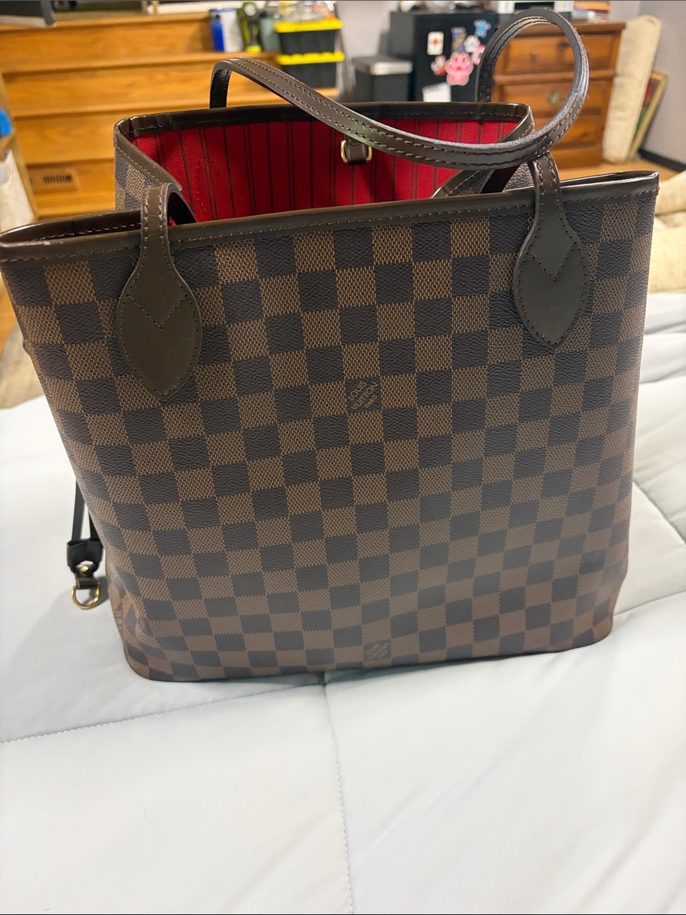Louis Vuitton Brown Checkered Tote with Red Interior